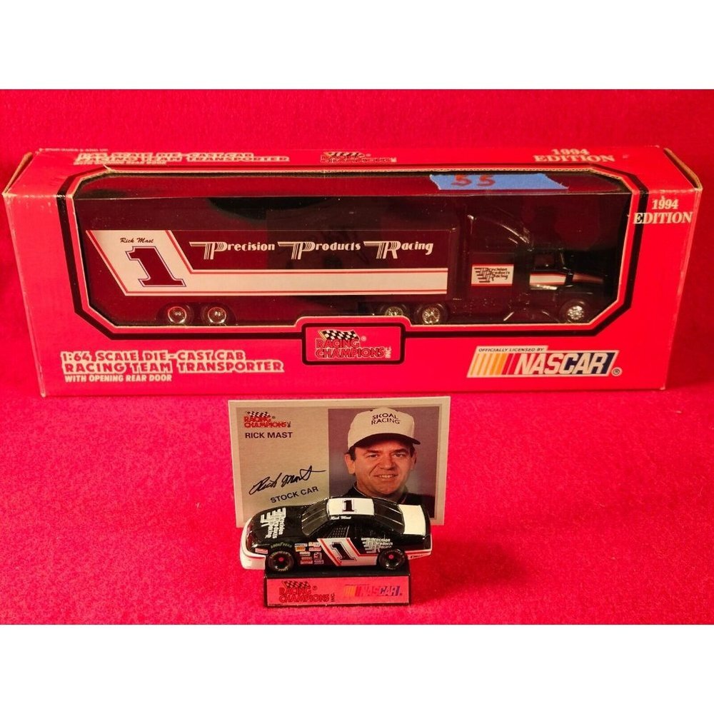 RICK MAST NASCAR #1 TRANSPORTER BUNDLE w/MATCHING STOCKCAR & CARD - NIB (H55)